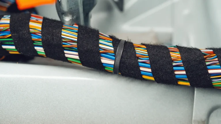 Automotive wiring loom wrapped in fleece harness tape for abrasion and noise protection