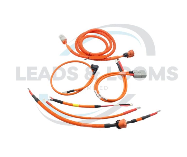 High-voltage orange EV wiring harness with sealed connectors and protective conduit for electric vehicle power systems