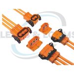 Orange high-voltage connectors used in electric vehicle battery packs and power distribution systems