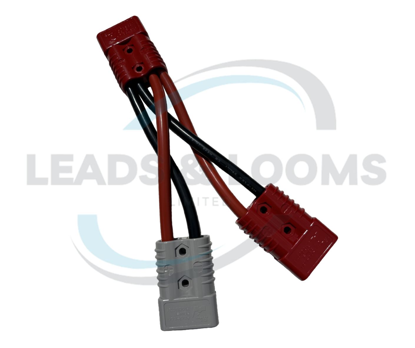 Red and grey Anderson battery connector splitter lead with heavy-duty red and black cables for industrial and battery power applications
