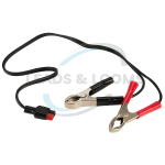 Fused battery charging lead with red and black crocodile clips, suitable for automotive, golf cart, and utility vehicle battery connections