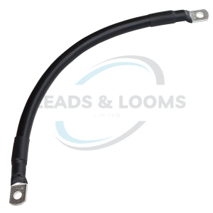 Heavy-duty automotive battery cable with crimped ring terminals, insulated black power lead for high-current electrical applications