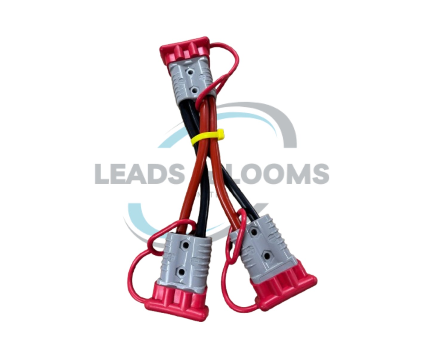 Heavy-duty electrical wiring harness with authentic Anderson connectors and protective Anderson dust covers, featuring red and black power cables for automotive and industrial power distribution