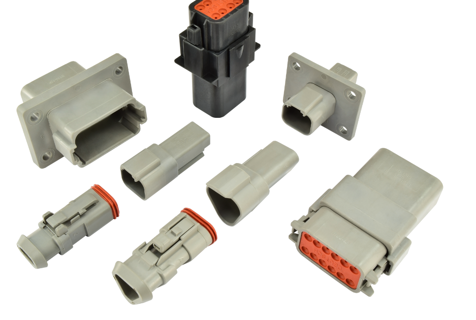 Deutsch DT series electrical connectors and housings with orange wedge locks for automotive and industrial wiring applications