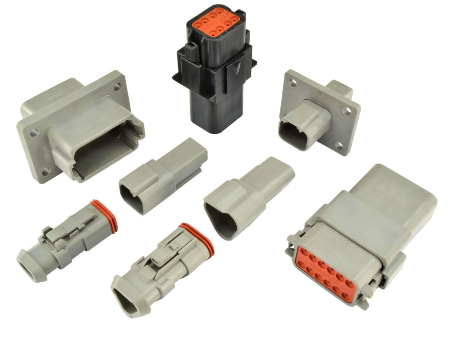 Deutsch DT series electrical connectors and housings with orange wedge locks for automotive and industrial wiring applications